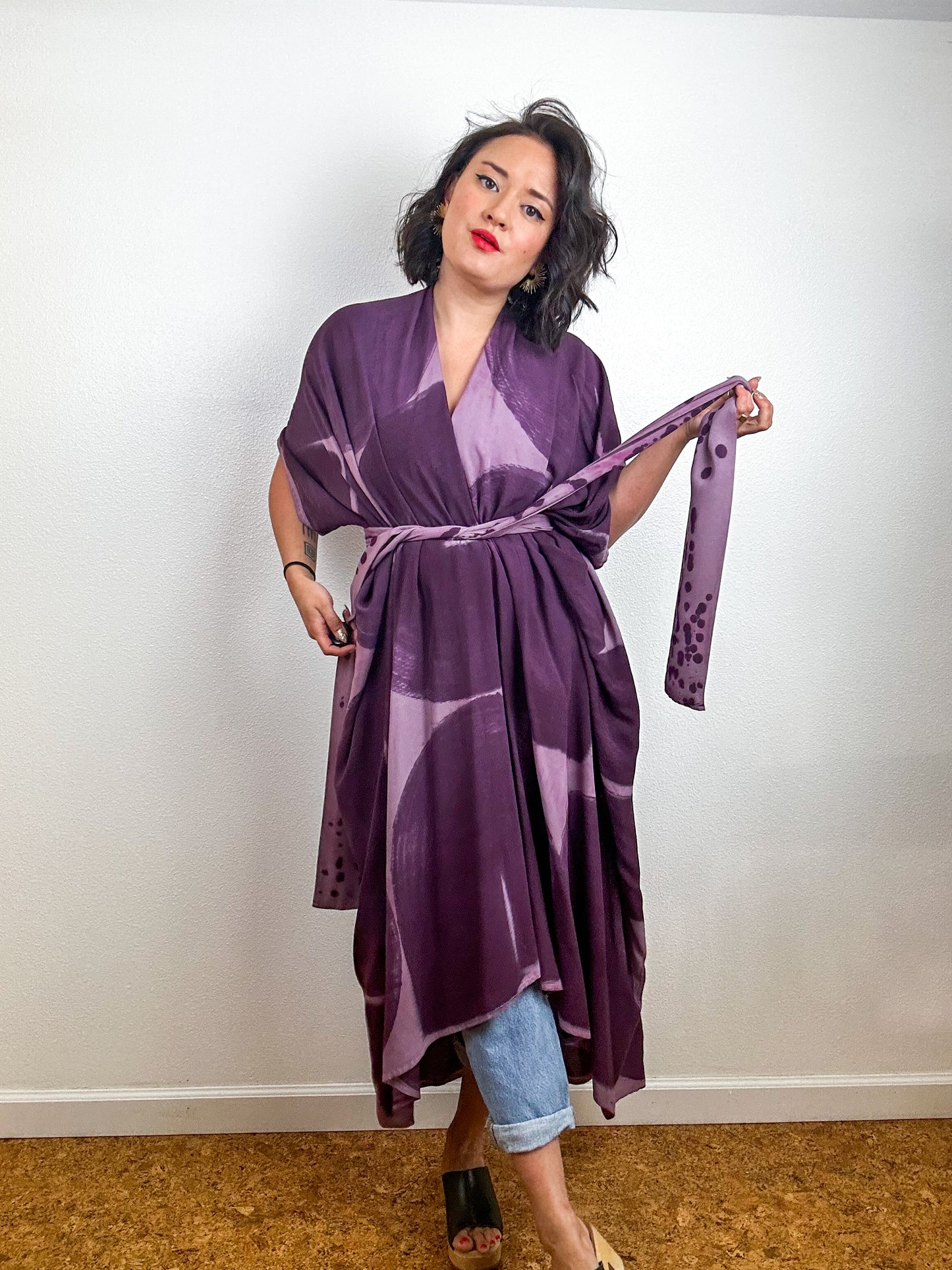Hand-Dyed High Low Kimono Mauve Plum Brushstroke