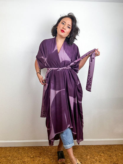 Hand-Dyed High Low Kimono Mauve Plum Brushstroke