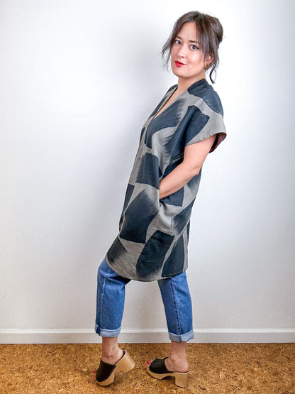 Hand-Dyed Mini Smock Dress Olive Black Brush