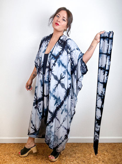 Hand-Dyed High Low Kimono Black Shibori