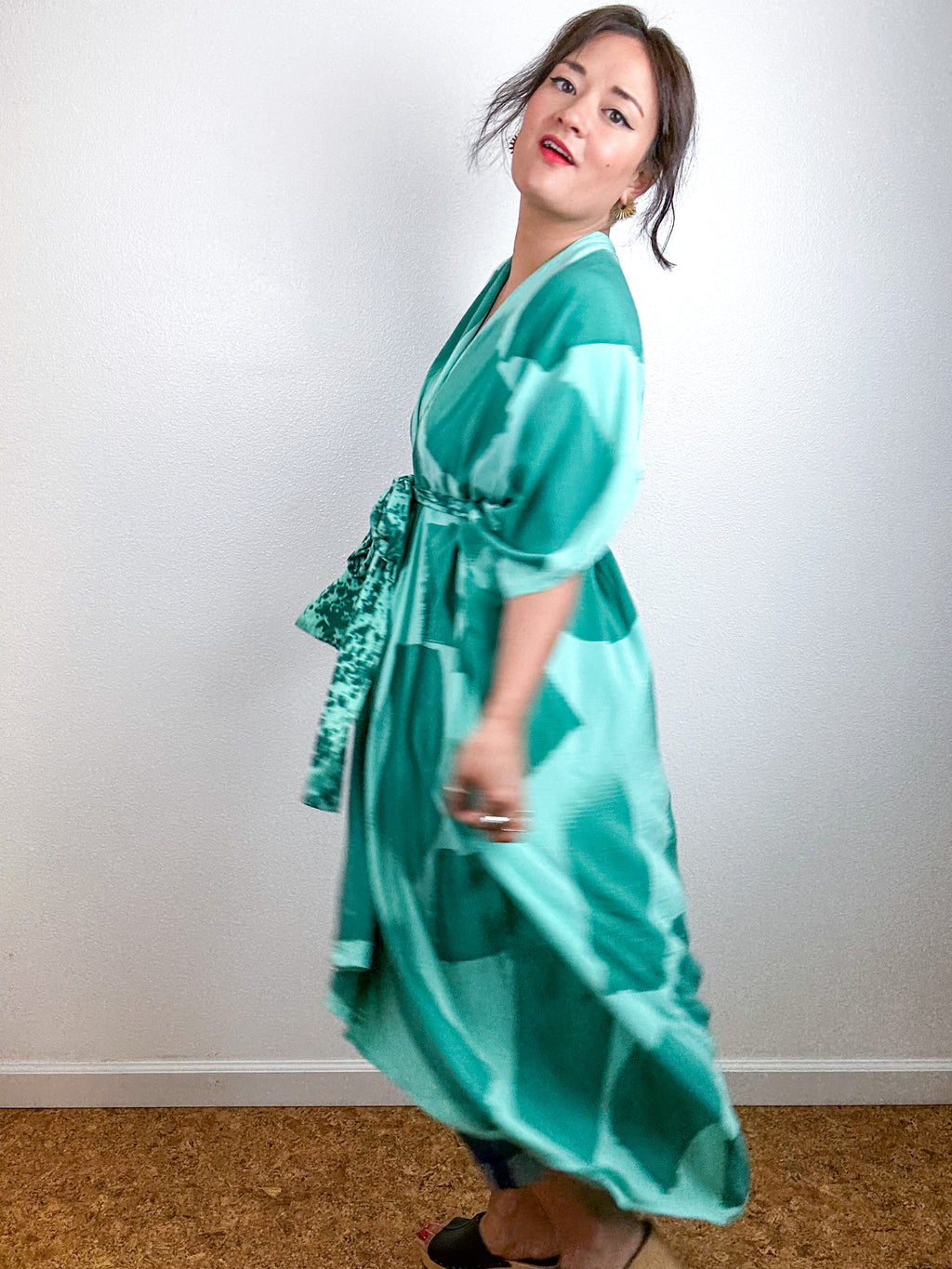 Hand-Dyed High Low Kimono Mint Teal Brush