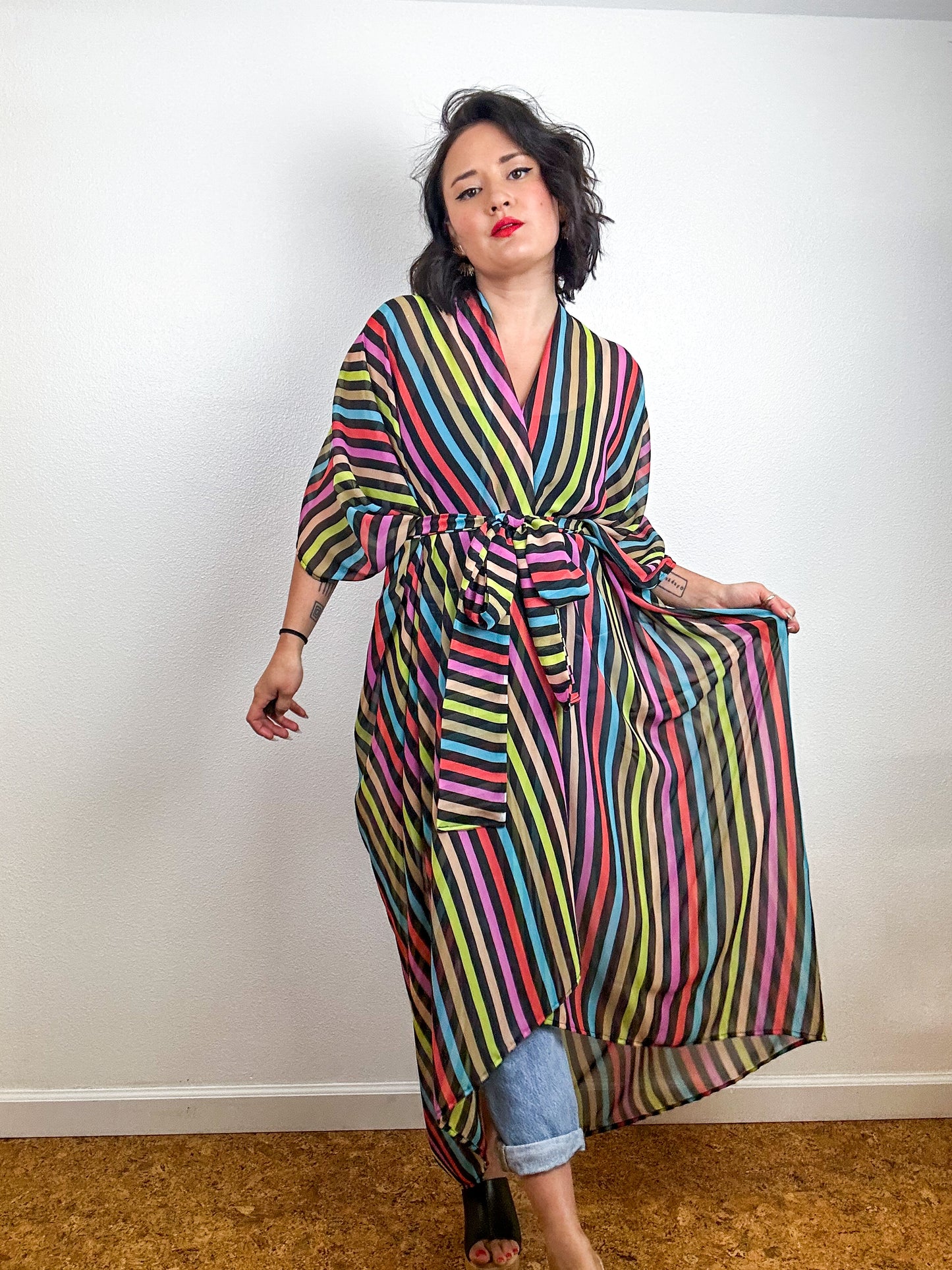 Print High Low Kimono Rainbow Stripe 2 Chiffon