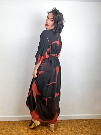 Hand-Dyed High Low Kimono Rust Black Brushstroke