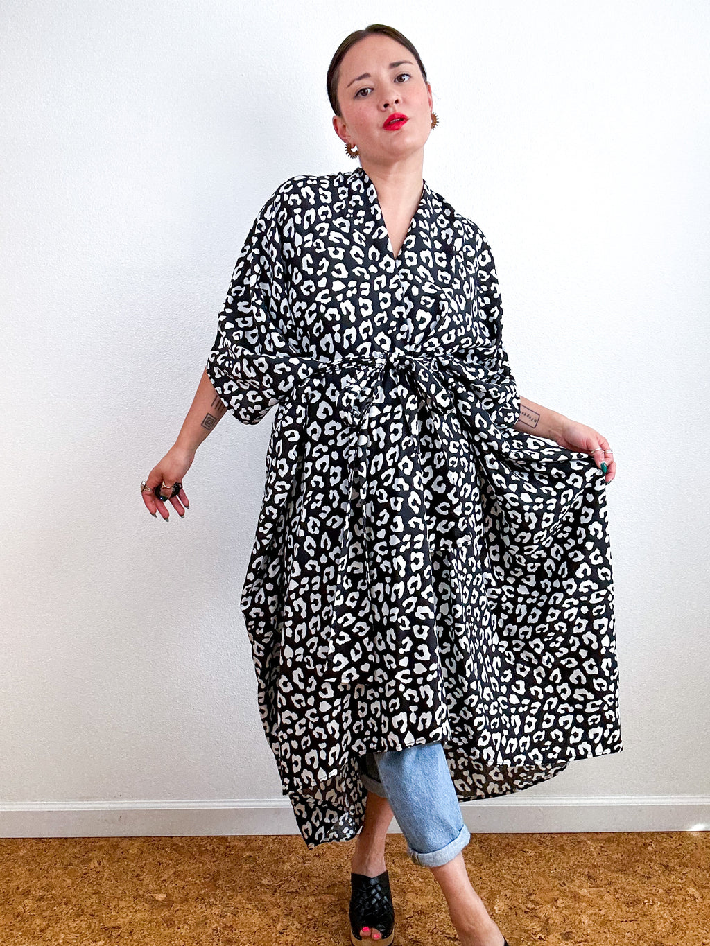 Print High Low Kimono Black White Leopard Challis