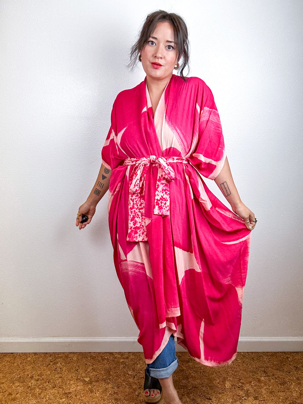 Hand-Dyed High Low Kimono Peach Fuchsia Arc
