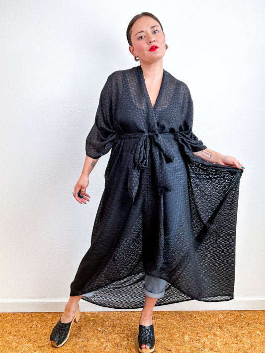 Solid High Low Kimono Black Ovals Chiffon