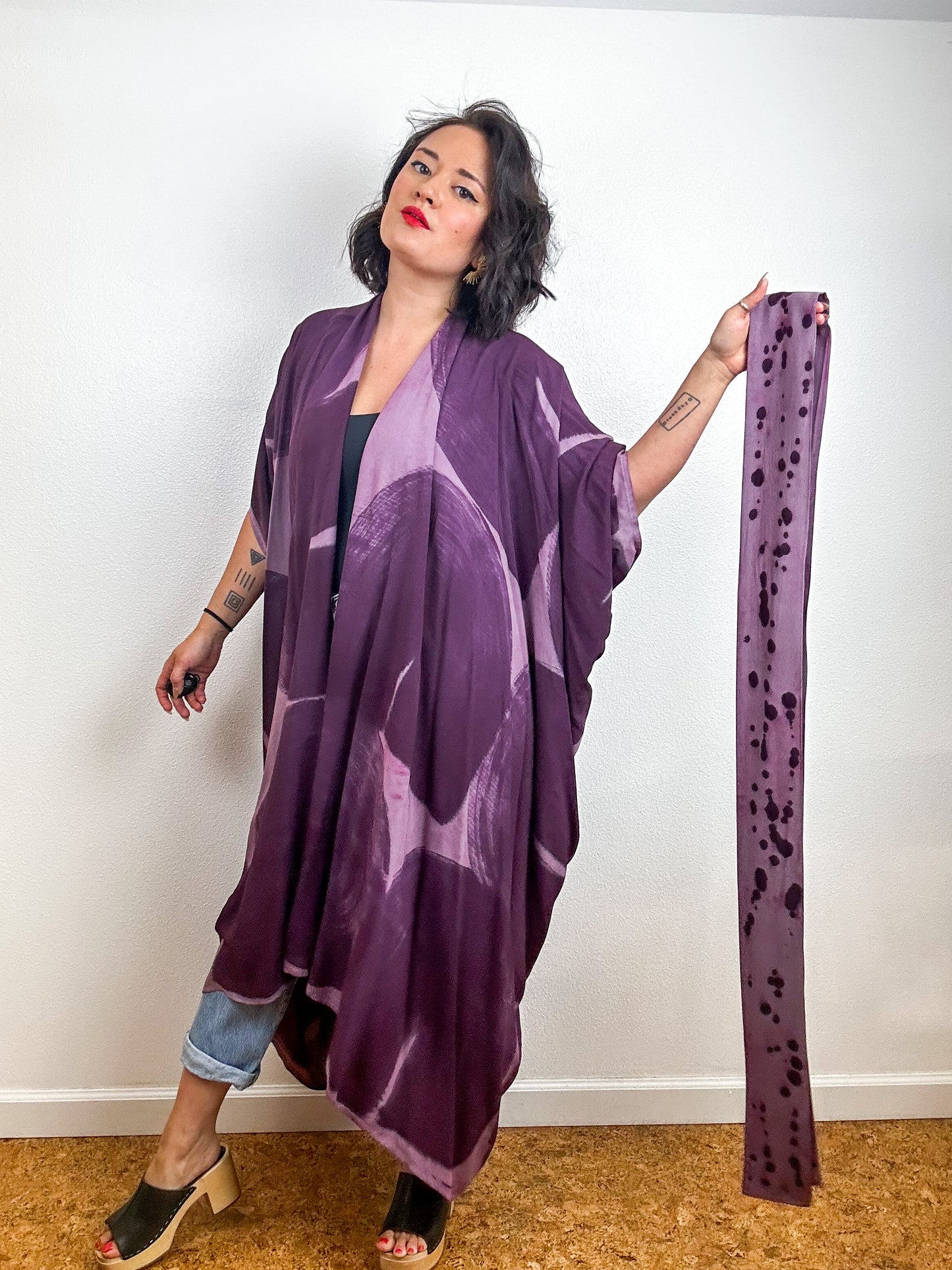 Hand-Dyed High Low Kimono Mauve Plum Brushstroke
