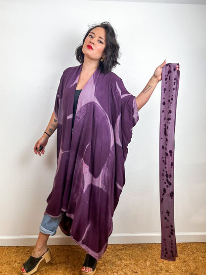 Hand-Dyed High Low Kimono Mauve Plum Brushstroke