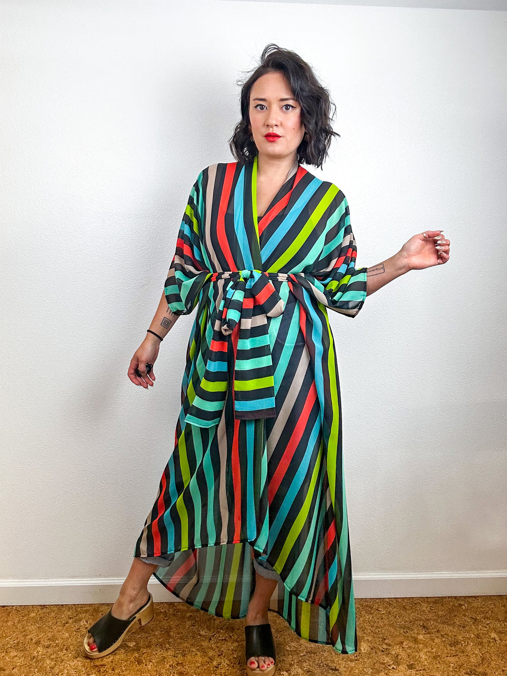 Print High Low Kimono Rainbow Stripe 3 Chiffon