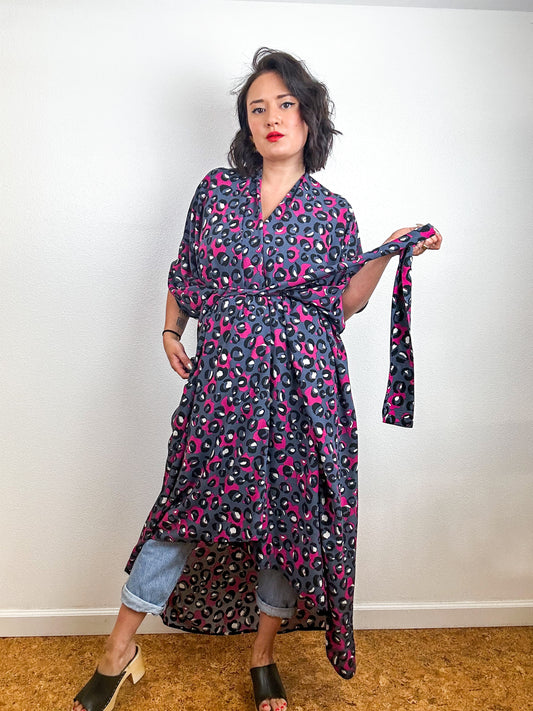 Print High Low Kimono Fuchsia Grey Leopard Challis