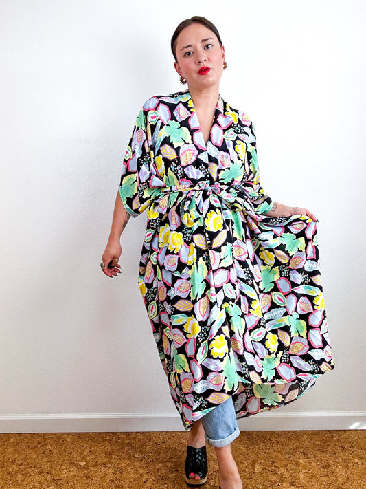 Print High Low Kimono Black Pastel Leaves Challis