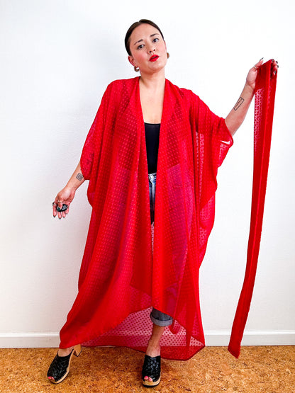 Solid High Low Kimono Red Swiss Dot Chiffon