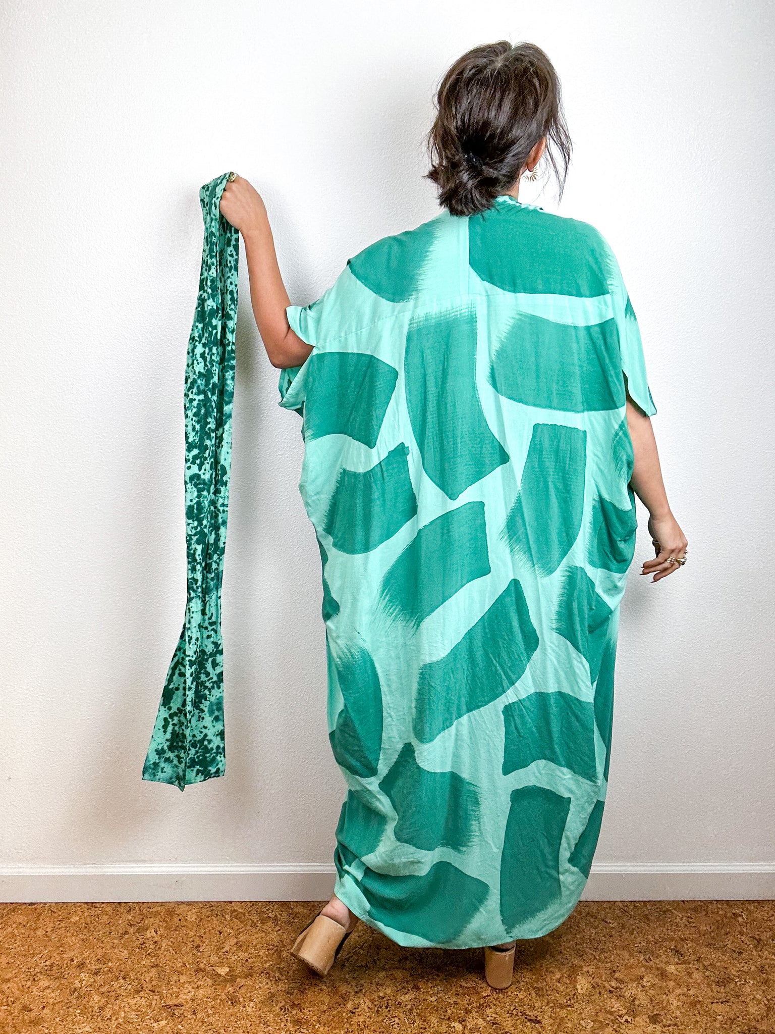 Hand-Dyed High Low Kimono Mint Teal Brush