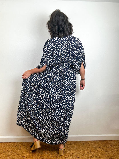 Print High Low Kimono Navy Speckle Challis