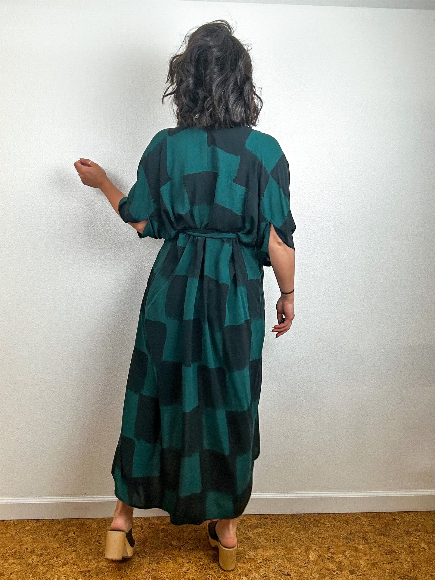 Hand-Dyed High Low Kimono Forest Black Check