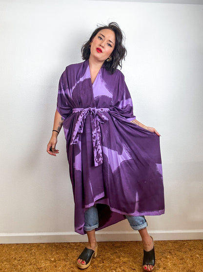Hand-Dyed High Low Kimono Lavender Plum Brushstroke