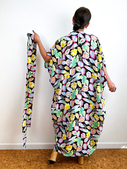 Print High Low Kimono Black Pastel Leaves Challis