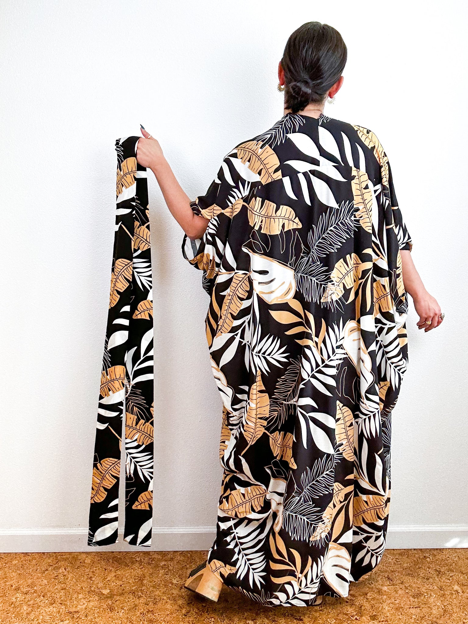 Print High Low Kimono Black Tan Leaves Challis