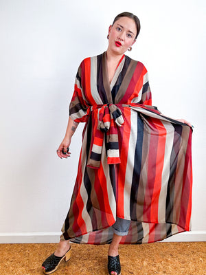 Print High Low Kimono Maroon Stripe Chiffon