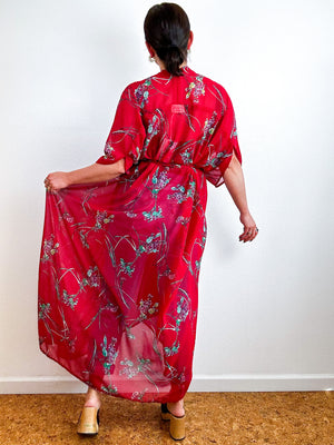 Print High Low Kimono Crimson Floral Chiffon