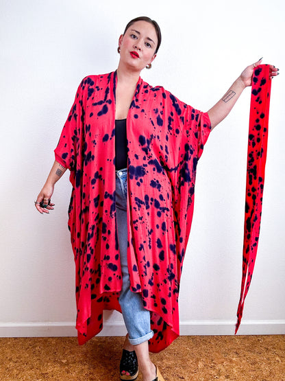 Hand-Dyed High Low Kimono Coral Indigo Speckle