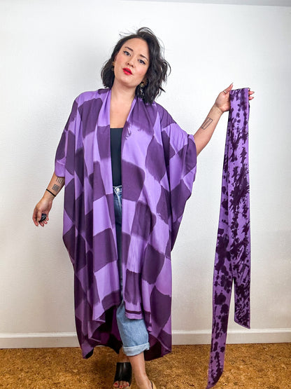 Hand-Dyed High Low Kimono Lavender Plum Check