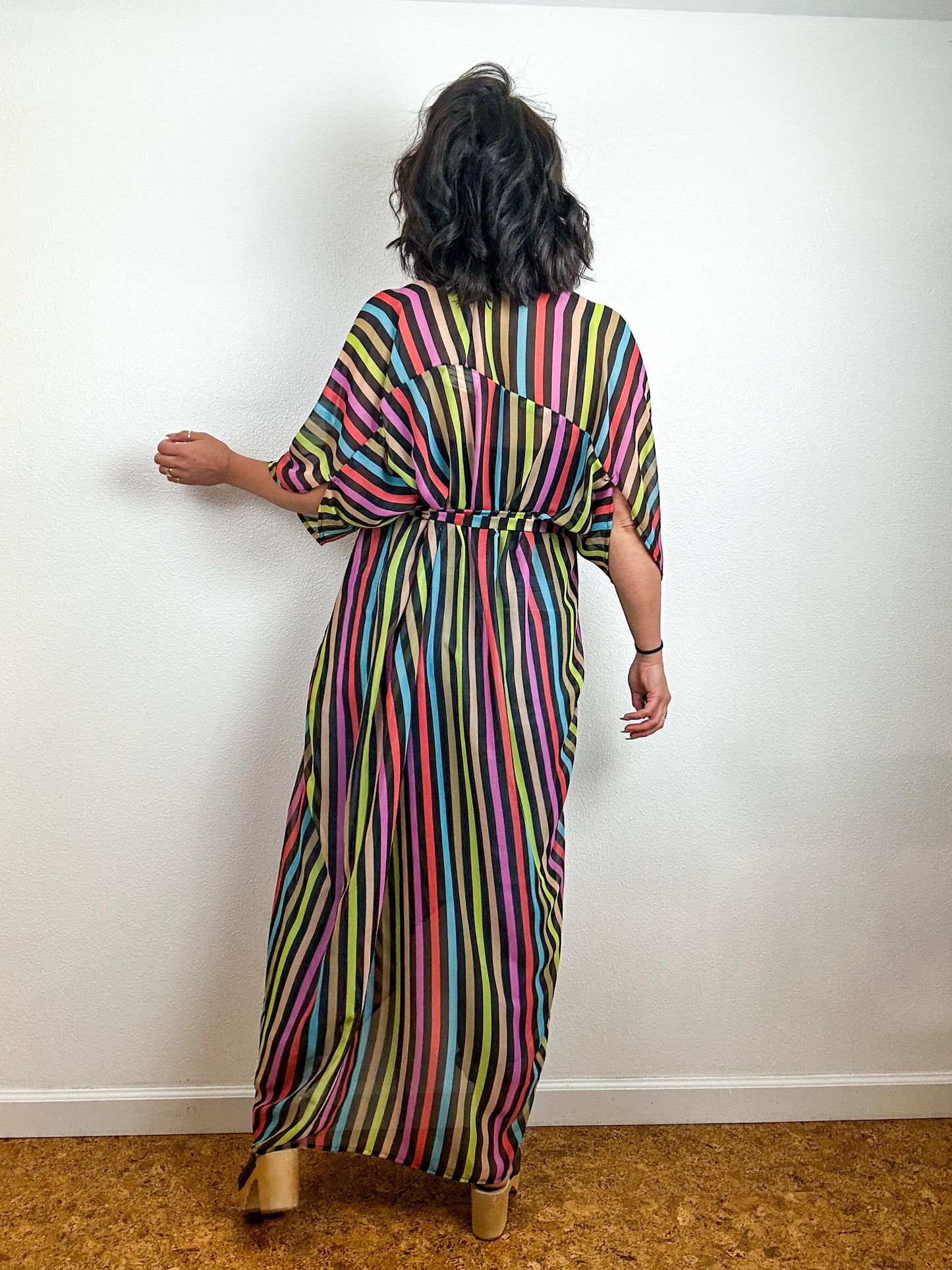 Print High Low Kimono Rainbow Stripe 2 Chiffon