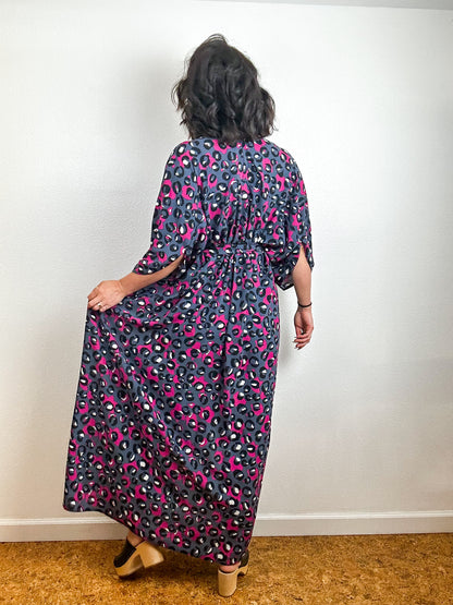 Print High Low Kimono Fuchsia Grey Leopard Challis
