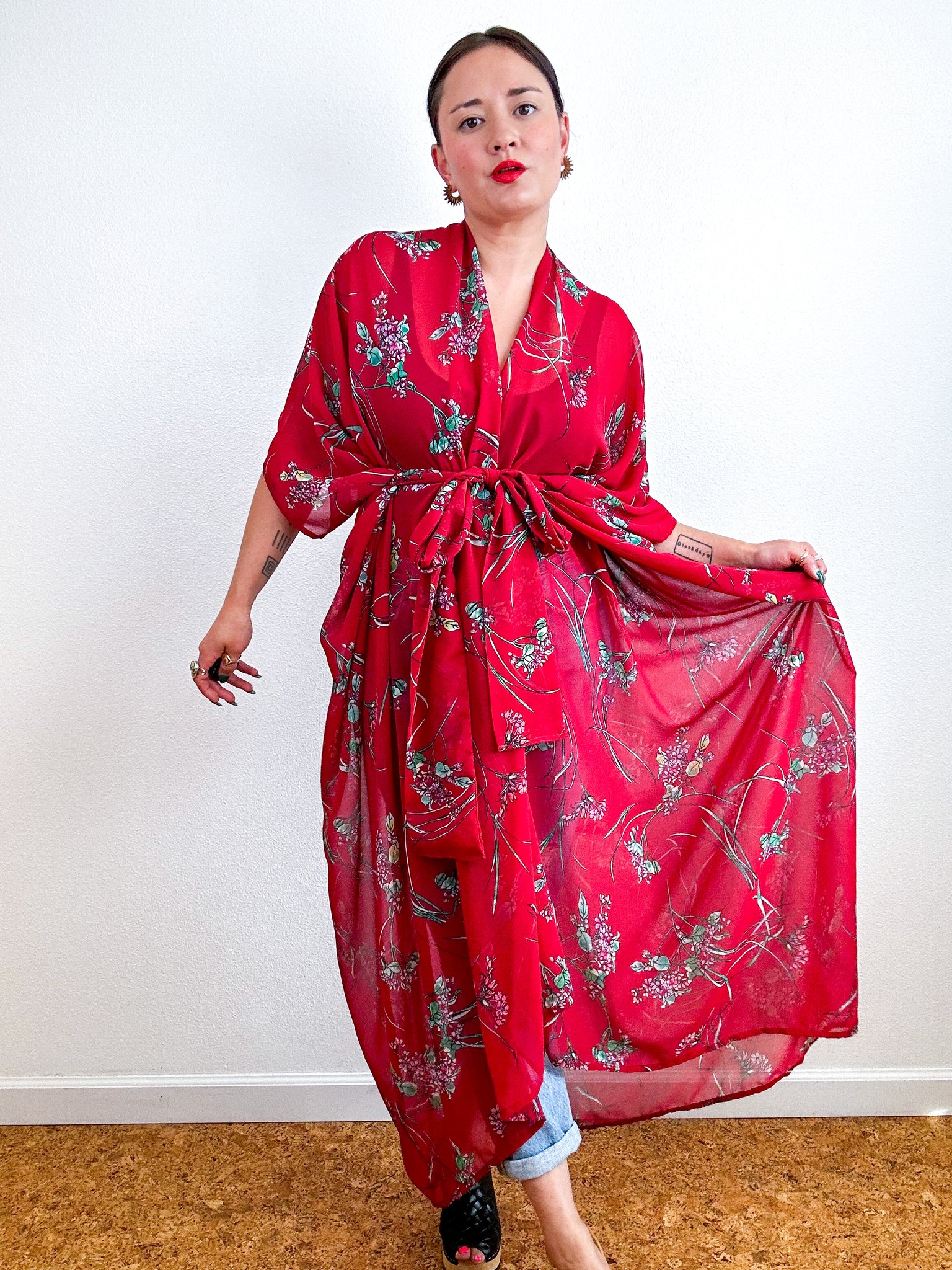 Print High Low Kimono Crimson Floral Chiffon