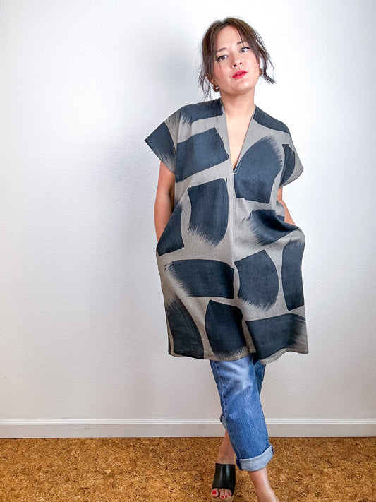 Hand-Dyed Mini Smock Dress Olive Black Brush