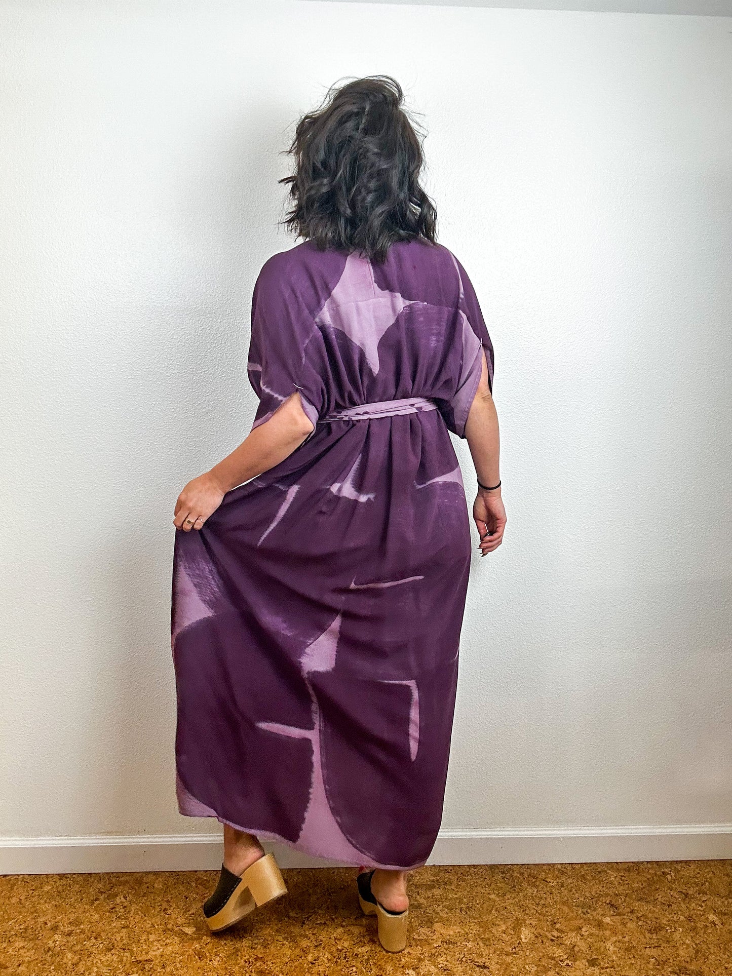 Hand-Dyed High Low Kimono Mauve Plum Brushstroke
