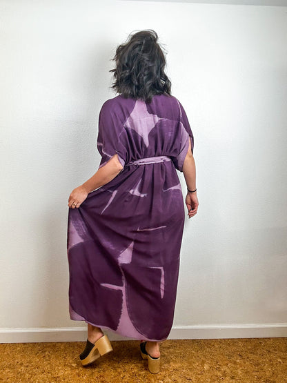Hand-Dyed High Low Kimono Mauve Plum Brushstroke