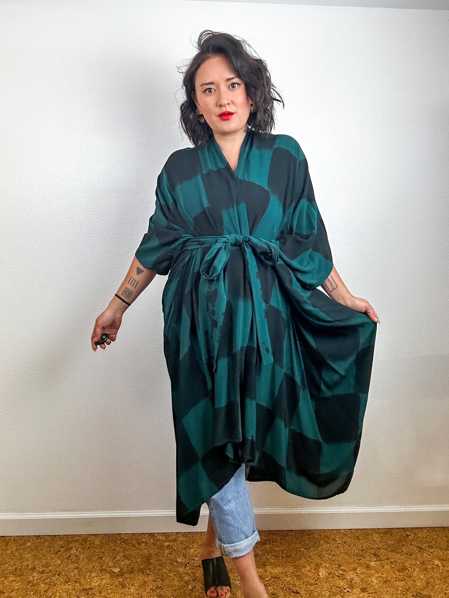 Hand-Dyed High Low Kimono Forest Black Check