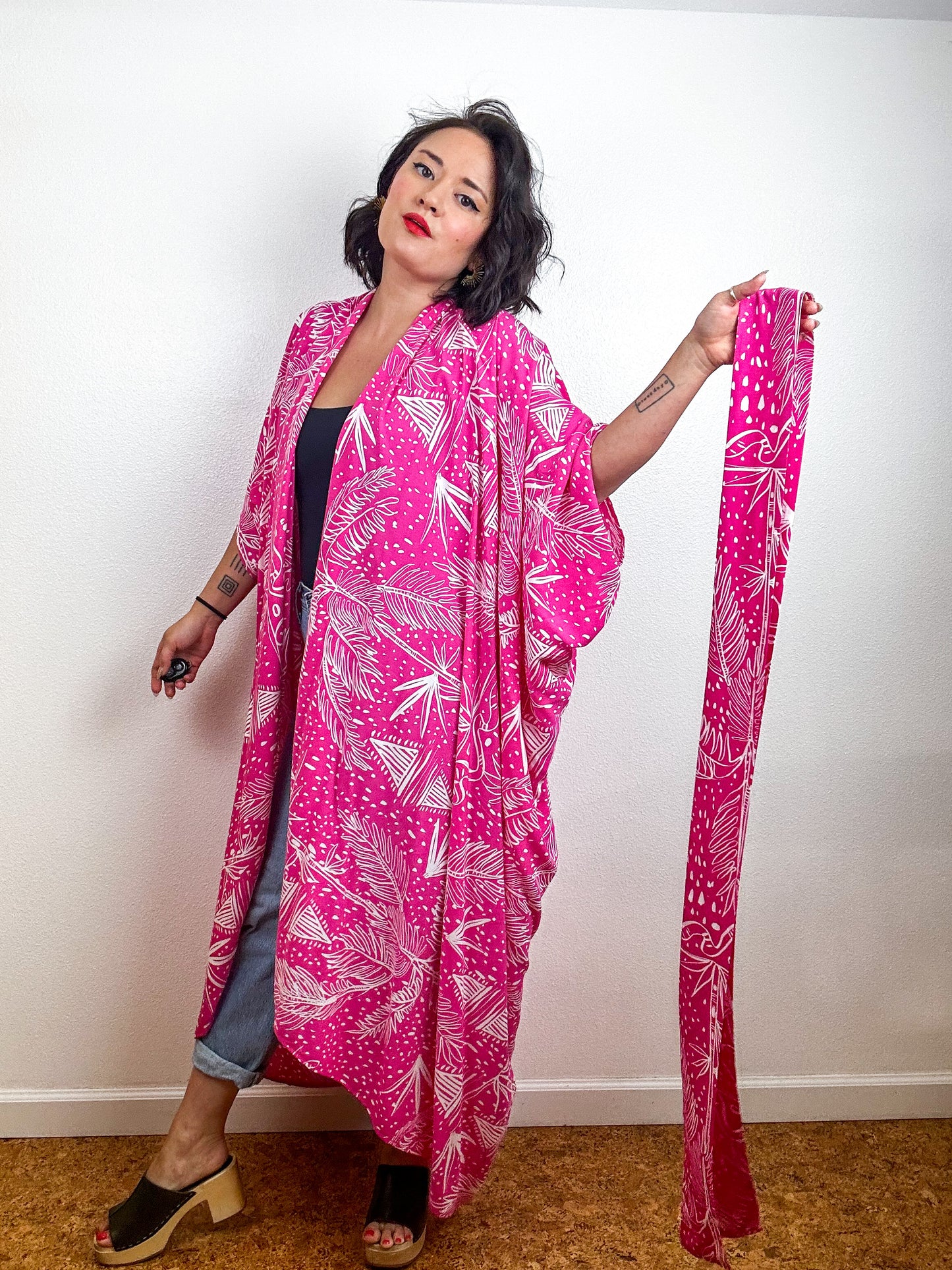 Print High Low Kimono Pink Tropical Challis