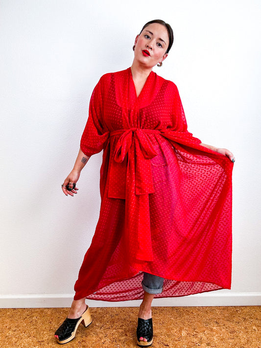 Solid High Low Kimono Red Swiss Dot Chiffon