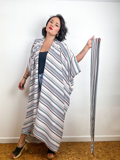 Print High Low Kimono Ivory Stripe Challis