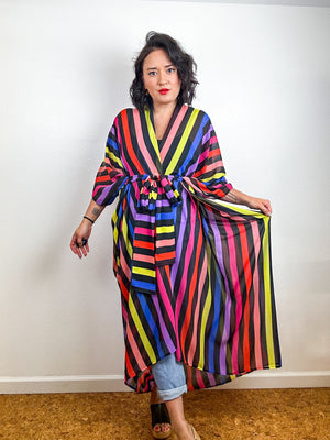 Print High Low Kimono Rainbow Stripe 1 Chiffon