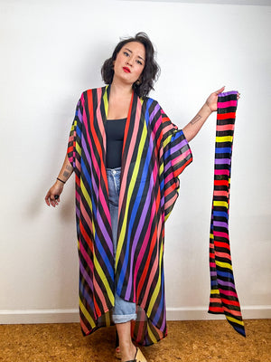 Print High Low Kimono Rainbow Stripe 1 Chiffon