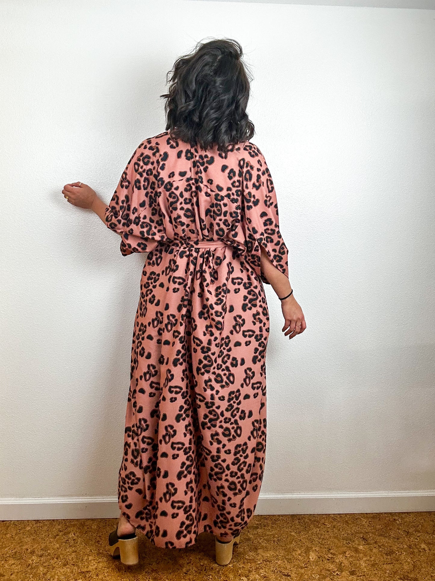 Print High Low Kimono Rose Leopard Crepe de Chine
