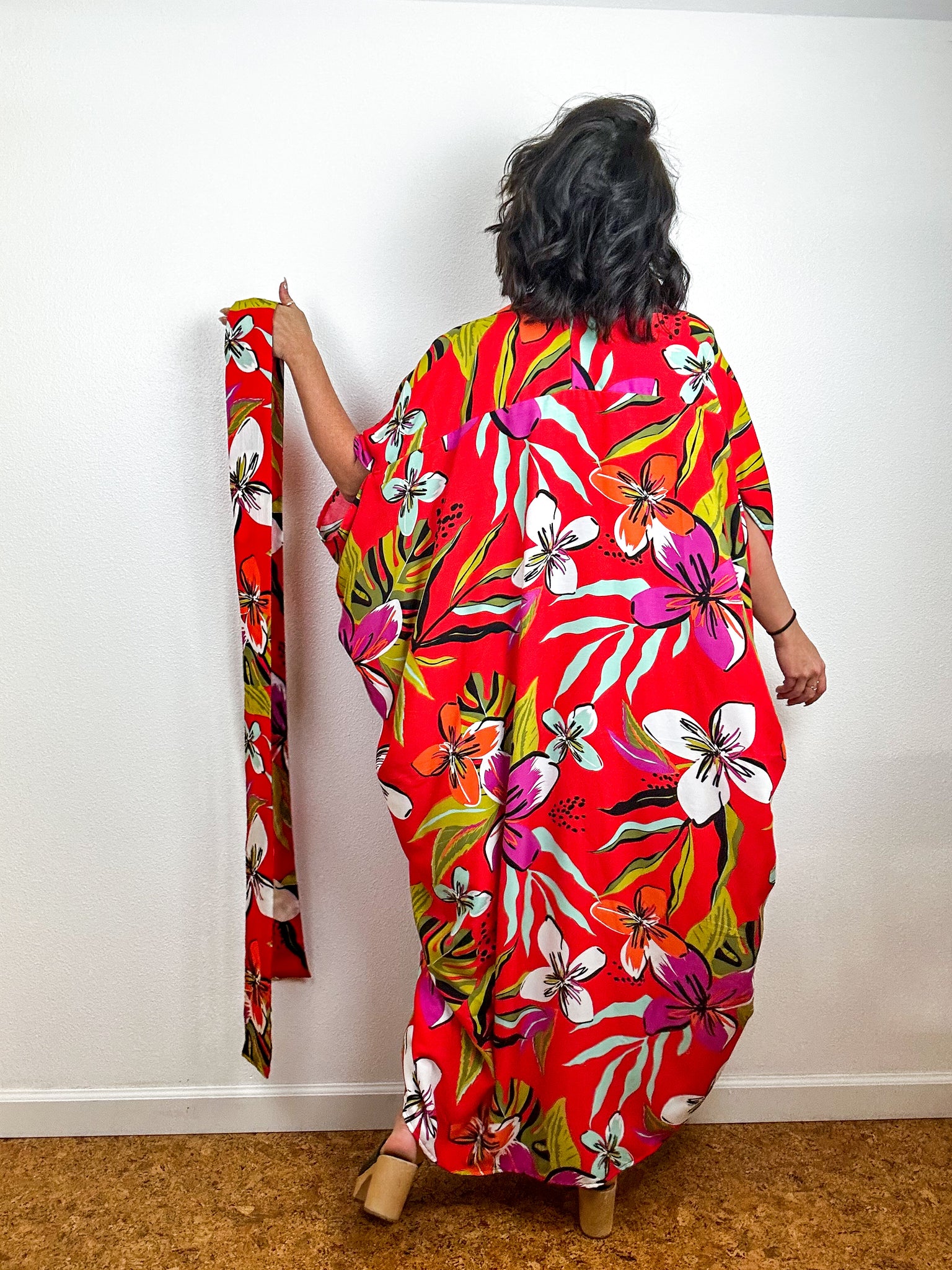 Print High Low Kimono Red Tropical Challis
