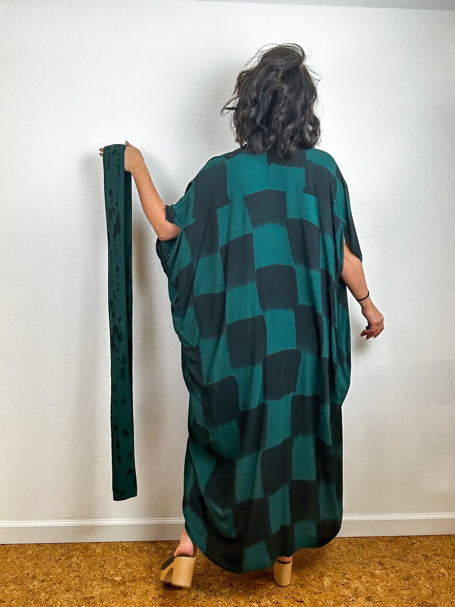 Hand-Dyed High Low Kimono Forest Black Check