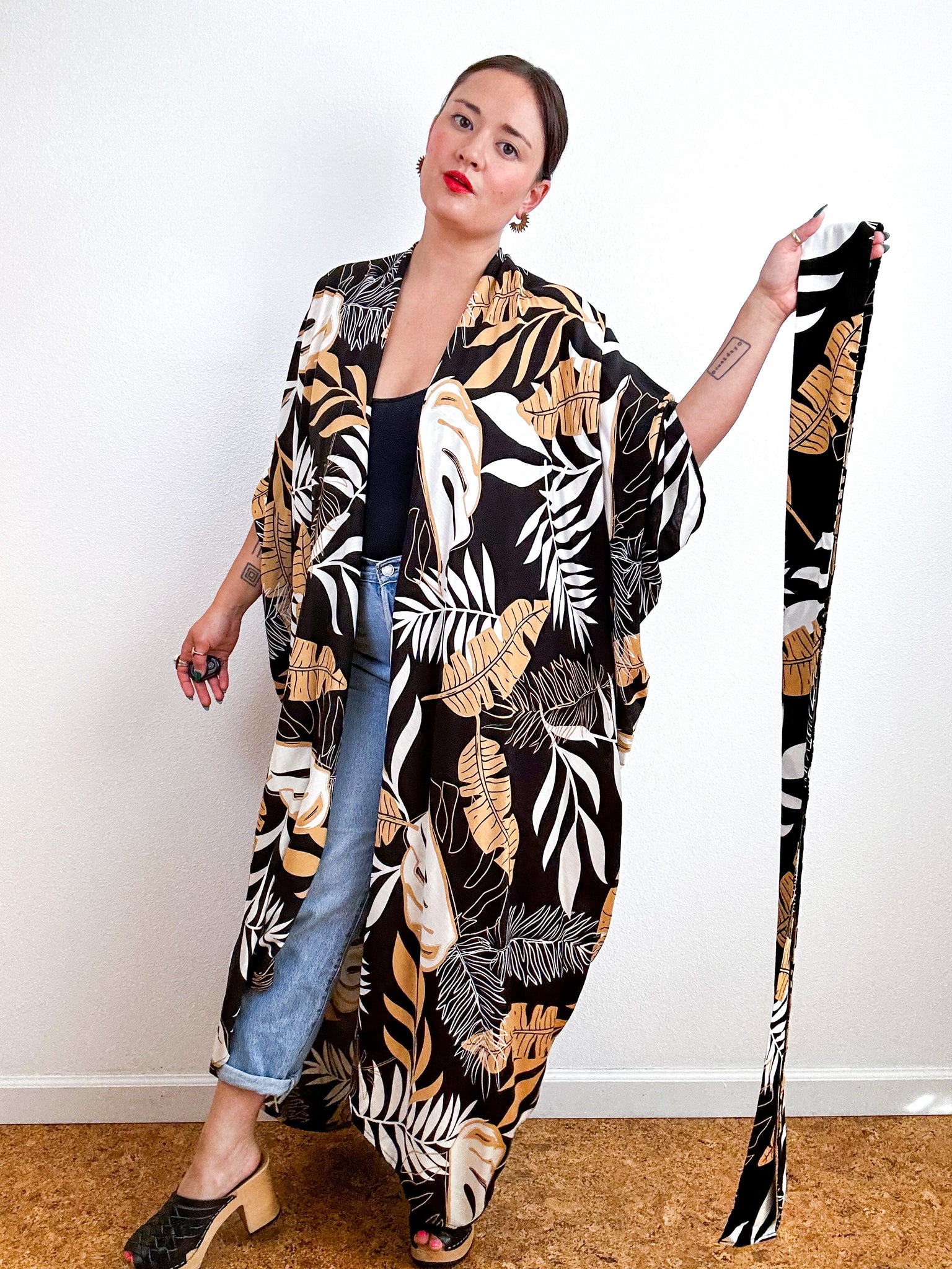 Print High Low Kimono Black Tan Leaves Challis