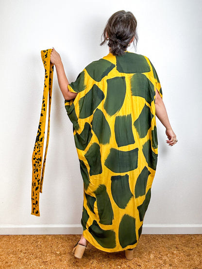 Hand-Dyed High Low Kimono Marigold Black Brush