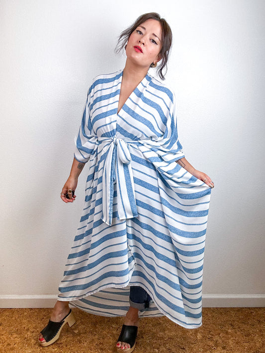 Print High Low Kimono White Blue Stripe Georgette