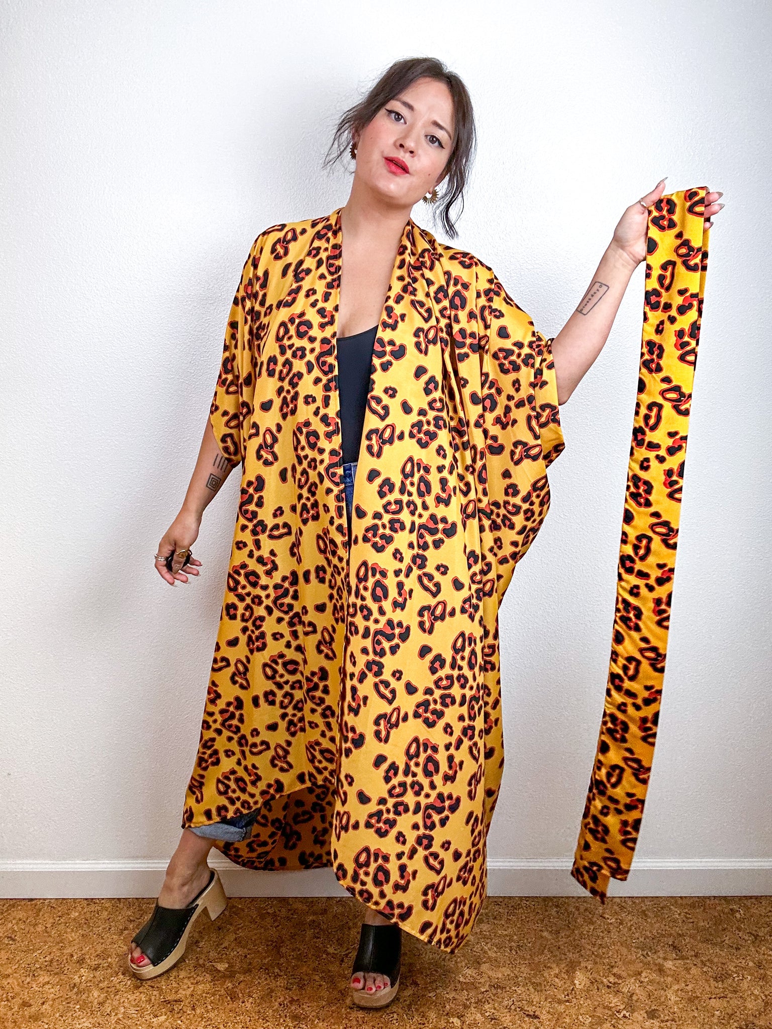Print High Low Kimono Marigold Leopard Crepe de Chine