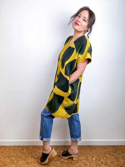 Hand-Dyed Mini Smock Dress Marigold Black Brush
