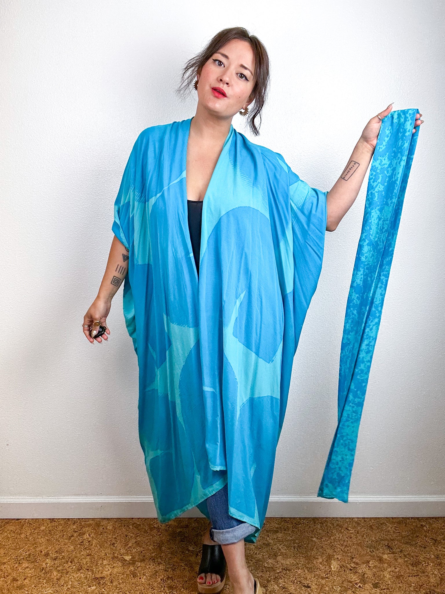 Hand-Dyed High Low Kimono Aqua Turquoise Arc