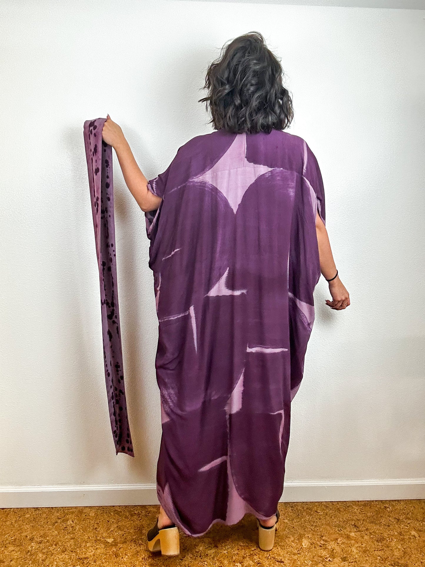 Hand-Dyed High Low Kimono Mauve Plum Brushstroke
