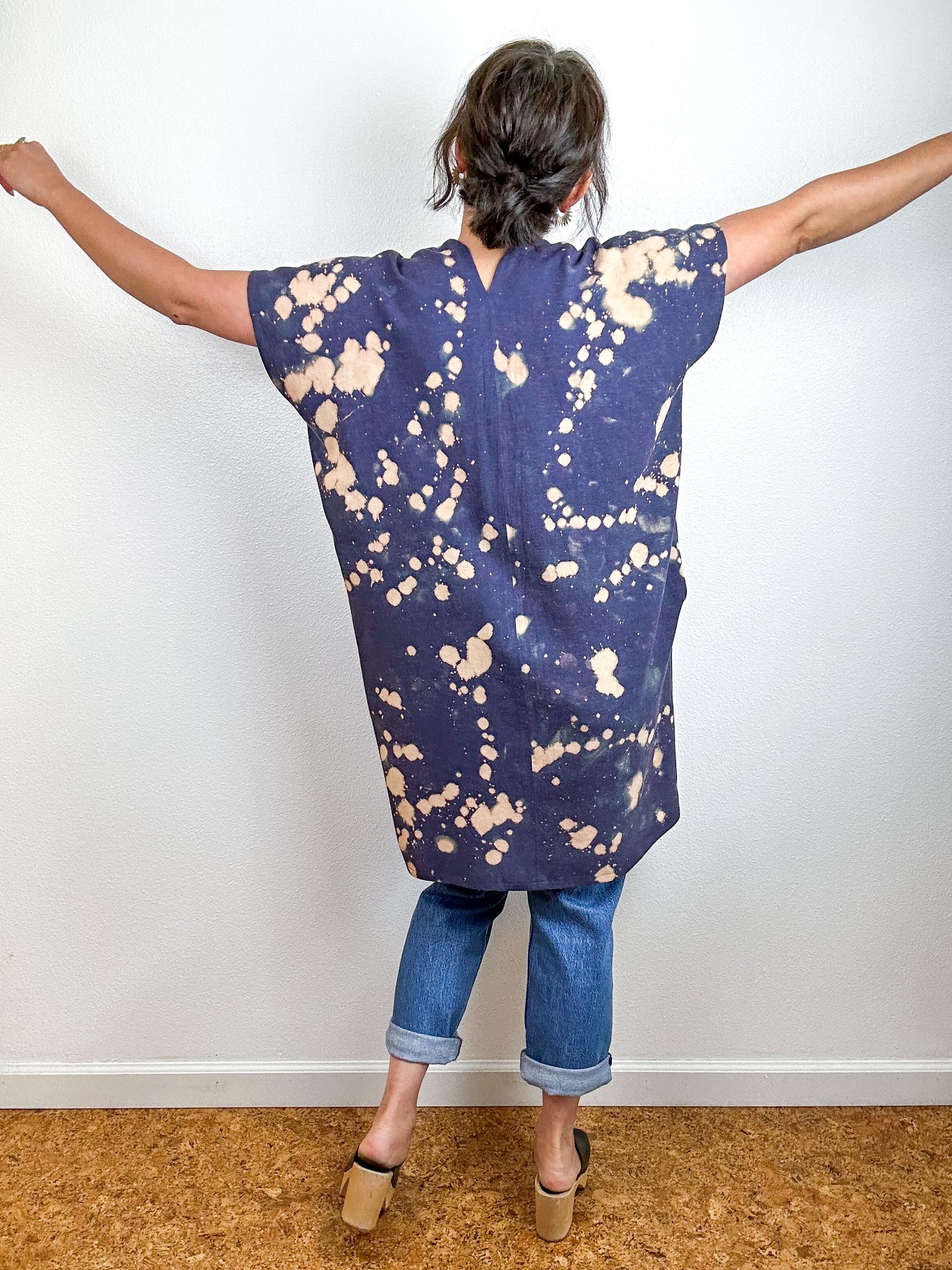 Hand-Dyed Mini Smock Dress Navy Bleach Speckle