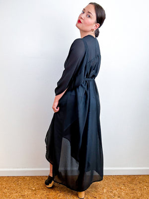 Solid High Low Kimono Black Mini Grid Chiffon